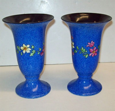 CORONET Art Pottery VASES Gorgeous Blue w/ FLORAL