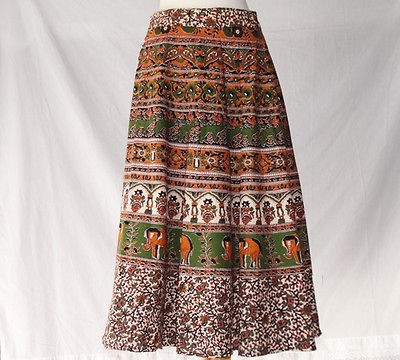 INDIAN SUMMER WRAP AROUND SKIRT DRESS COTTON BROWN GREEN