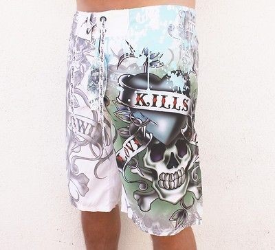 12pc NEW ED HARDY LOVE KILLS SLOWLY PAINT MENS WHITE BOARD SHORTS 