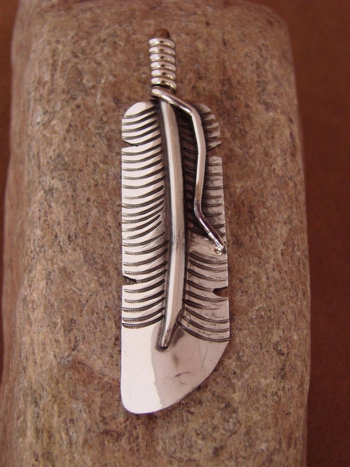 Navajo Indian Large Nickel Silver Feather Pendant by Carson Blackgoat