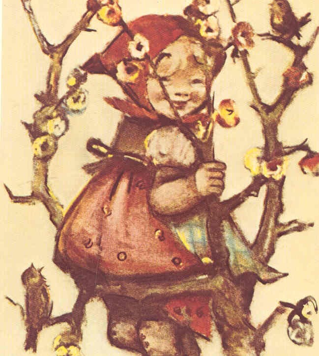 HUMMEL, HAPPY GIRL IN TREE WITH BIRDS,W.GERMAN POSTCARD