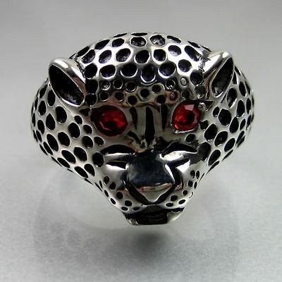   Biker Mens Black Silver Stainless Steel Red Eye Jaguar Ring Size 9.5