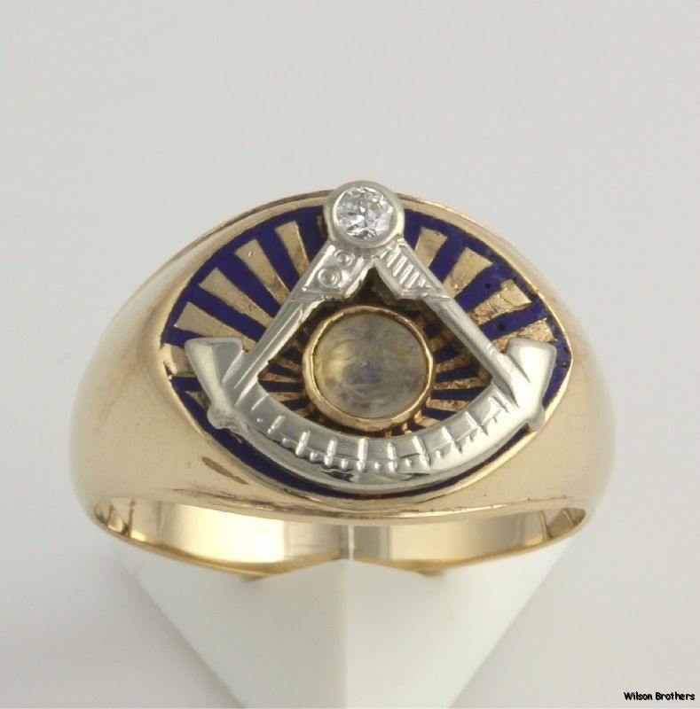   Master Genuine Diamond Moonstone Band   14k Gold Masonic Ring 10+g
