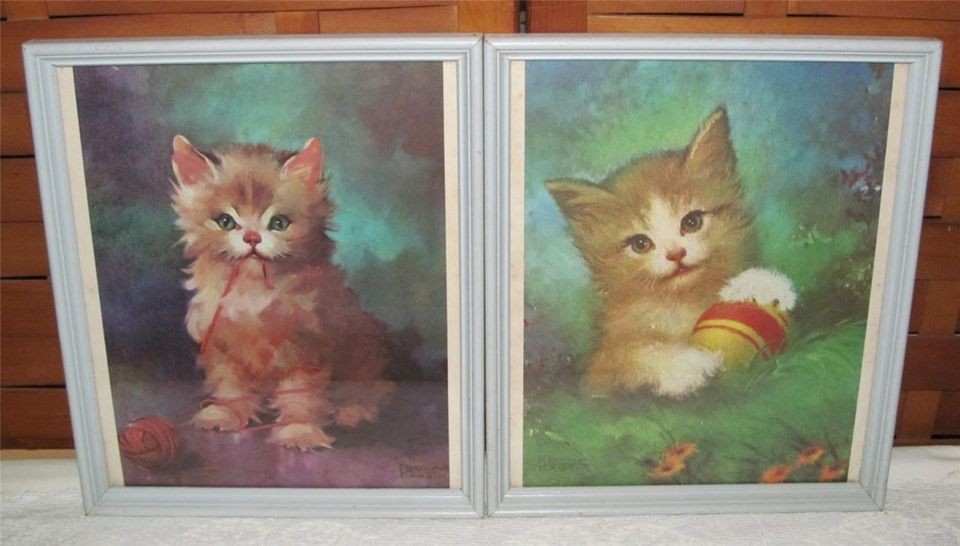 VINTAGE TWO FLORENCE KROGER KITTEN PRINTS/ PICTURES SIGNED~