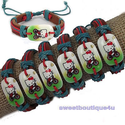 6pcs Lovely Hellokitty Cat Bicycle Hemp Genuine Leather bracelet For 