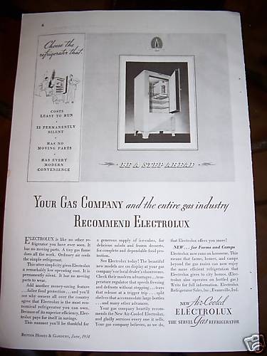 1934 Antique Servel Electrolux Gas Refrigerator Ad