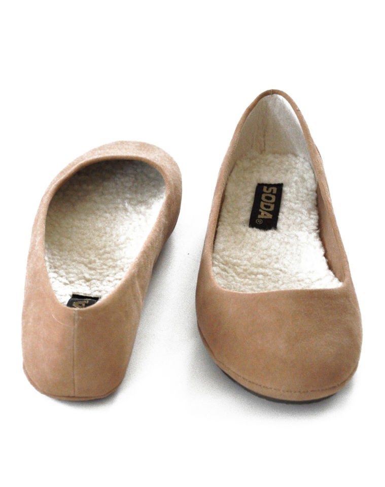 SODA AFAR FS TAUPE LAMI FAUX FUR SLIP ON BALLET FLATS