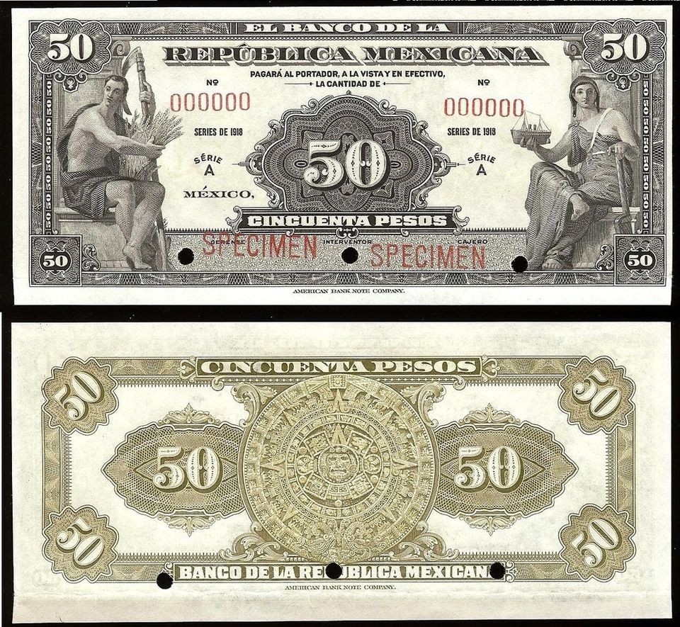   321sBK DF 3​93 Banco de la Republica Mexicana 50 Pesos A,1918 AU