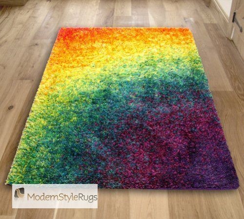   Stripe Design Orange Yellow Blue Purple Shaggy Pile Rug   3 Sizes