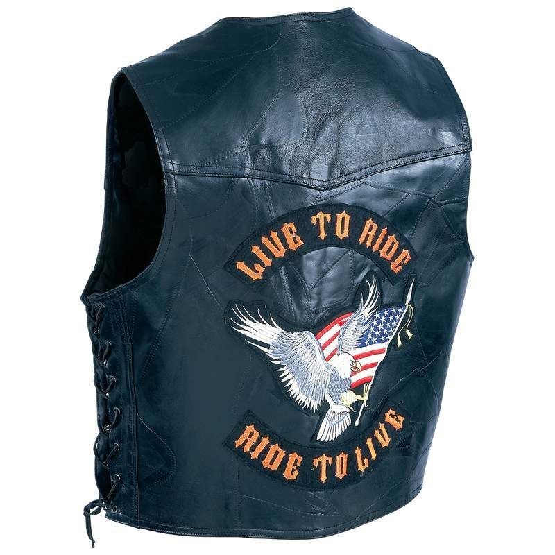 Black Buffalo Leather Motorcycle Biker Vest Live To Ride Logo MED 