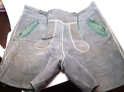 Vintage LEDERHOSEN Leather SHORTS German Bavarian Grey Green Trim MENS 