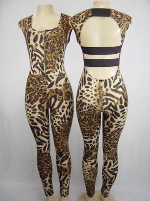 SEXY NEW CAP SLEEVE ANIMAL PRINT ZIPPER DOWN FRONT CATSUIT/ BODYSUIT 