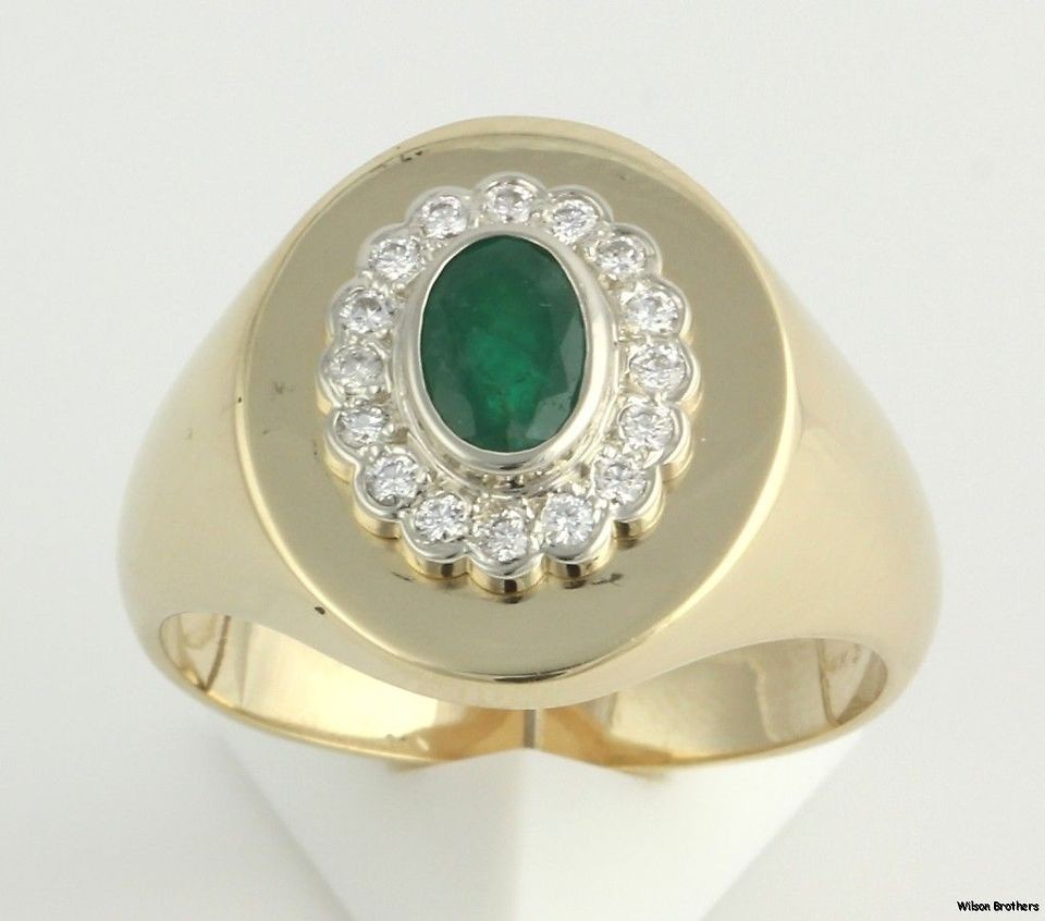   Genuine Emerald & Diamond Mens Fashion Ring   14k Yellow & White Gold