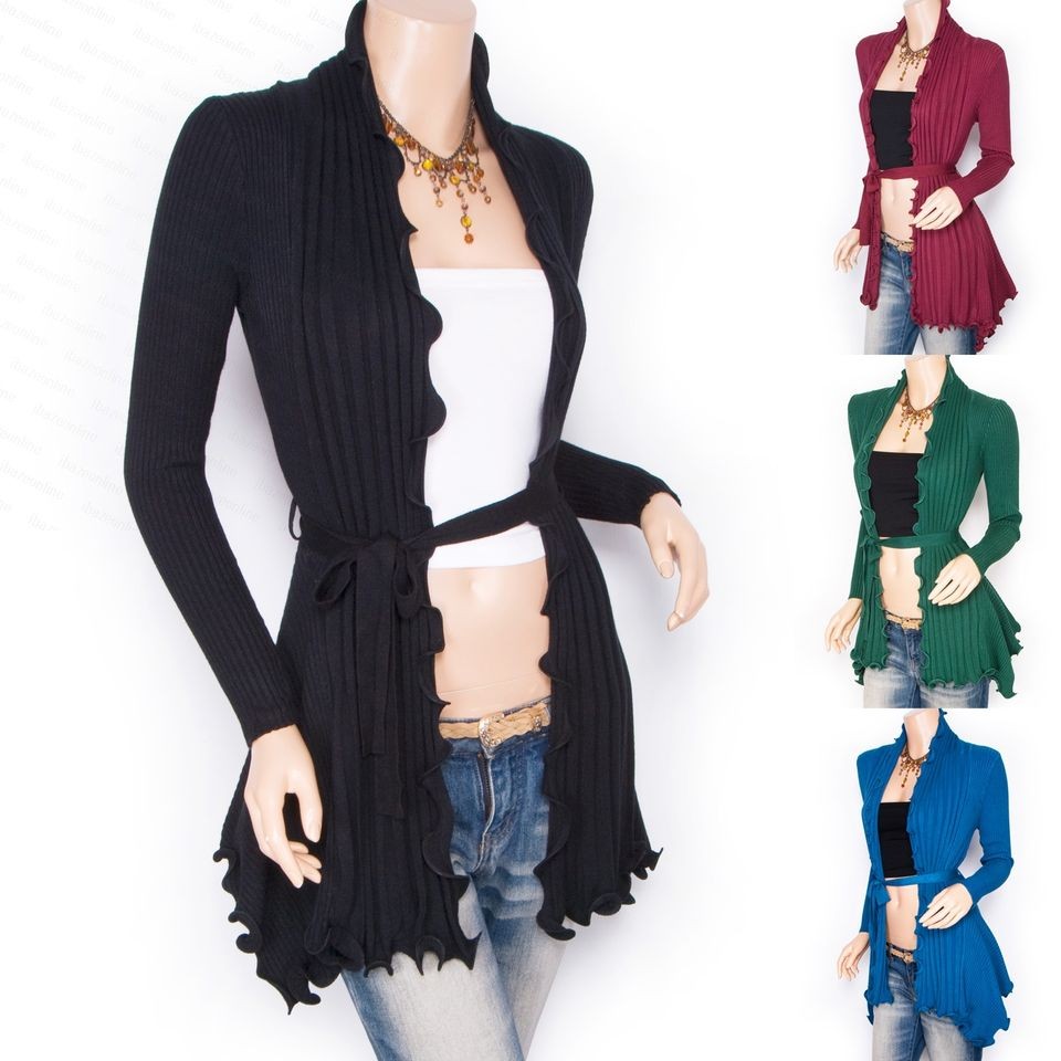 Cute Knit Ruffles Asymmetric Hem Ribbed Cardigan Belt Sweater Jacket