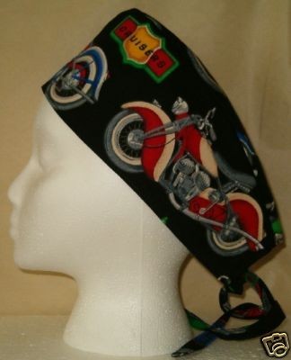   SCRUB HAT SKULL CAP MADE W MOTORCYCLES BIKES FABRIC MEDICAL NURSE HEAD