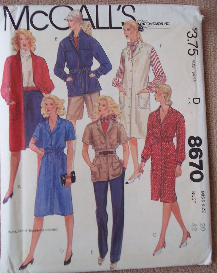 Jacket Coat Dress Shirt Pattern McCALLS 8670 Size 20 Bust 42 Never Cut 