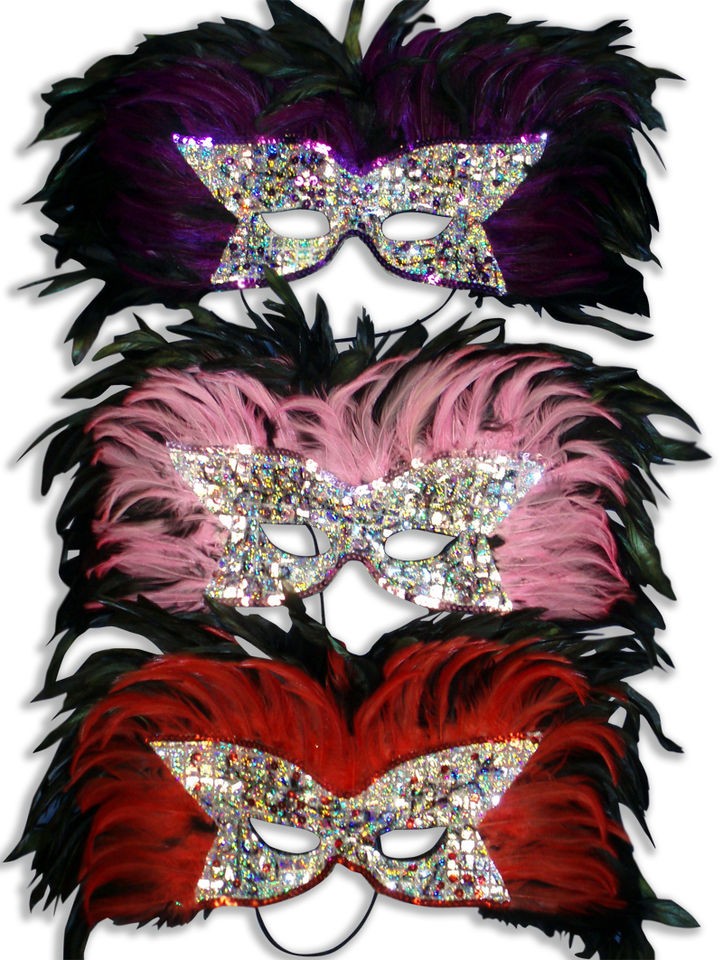 MASQUERADE EYE FACE MASK MARDIS GRAS SEQUIN DETAIL FEATHERS BALL BLACK 