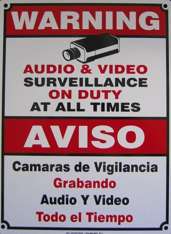   SECURITY AUDIO VIDEO SURVEILLANCE METAL SIGN CAMERA SPANISH ENGLISH