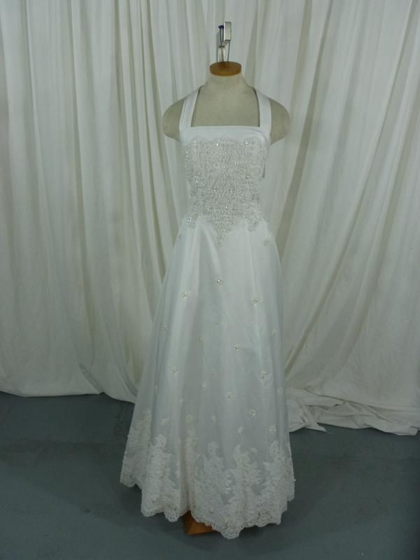 White Wedding Dress with Faux Pearl Embellishments by Michelangelo