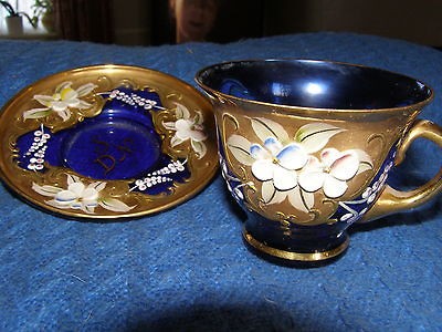 STUNNING ANTIQUE COLBALT BLUE GILT & PAINTED BOHEMIAN / VENETIAN CUP 