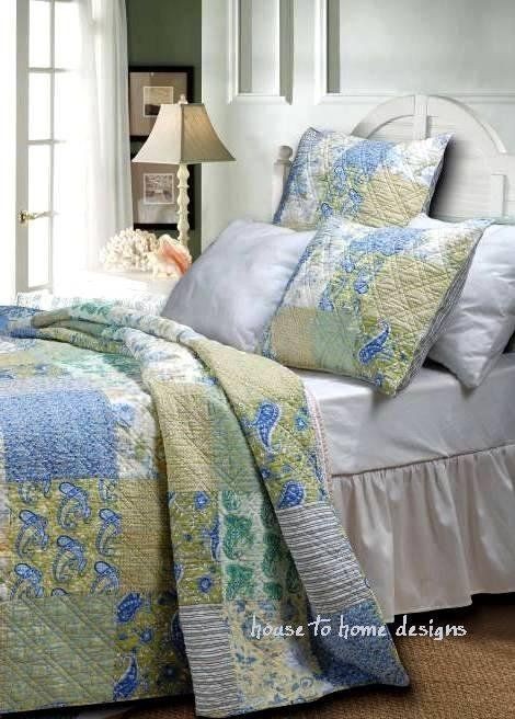 MOROCCAN JADE GREEN BLUE PAISLEY QUILT SET FULL QUEEN