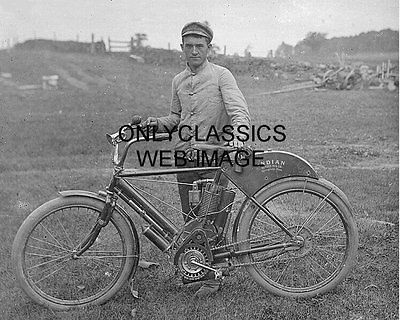 1907 EARLY VINTAGE INDIAN MOTORCYCLE BICYCLE PHOTO PROUD MAN HAT HORN 