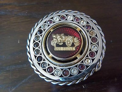 VINTAGE BELT BUCKLE 1906 STANLEY AUTOMOBILE ROUND BUCKLE W/ STONES