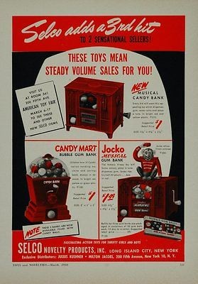 1950 Ad SELCO Toys Jocko Musical Bubble Gum Bank Monkey   ORIGINAL 