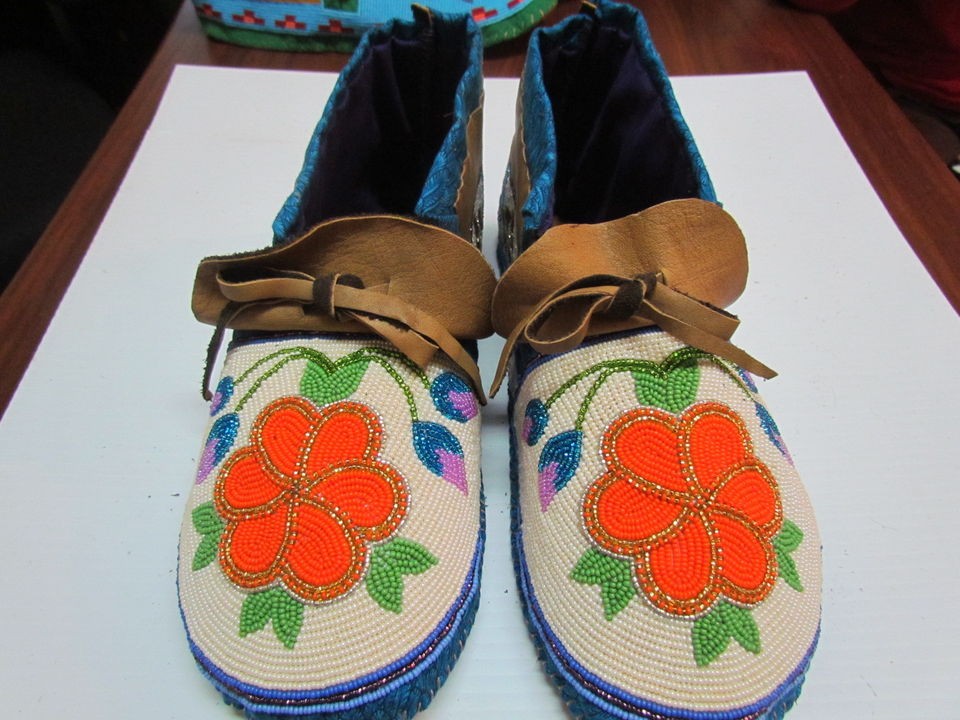 NATIVE AMERICAN FULL BEAD MOOSE HIDE MOCCASINS ORANGE FLORAL DESIGN 11 