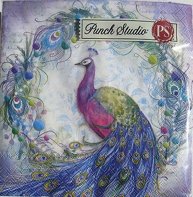   Studio Christmas PEACOCK WREATH Paper Beverage Napkins. Beautiful