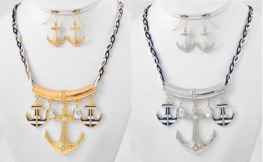   ANCHOR PENDANT NAUTICAL NAVY ROPE CHAIN NECKLACE & EARRINGS SET