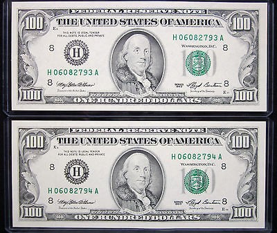 US $100 Hundred Dollar≪1993≫Rare✿2 UNC Consecutive Notes➽BEP 