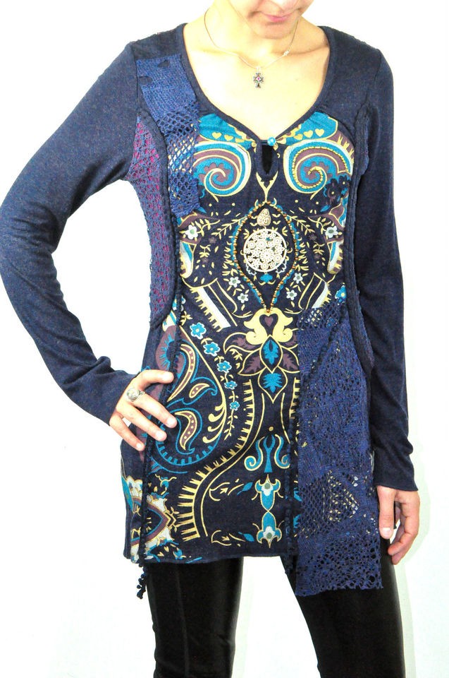 Tricotto Blue Paisley Design Decoration Blouse Tunic Top Sz S M L XL 