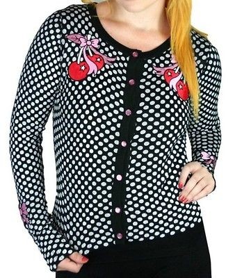 TOO FAST POLKA DOT CHERRY CHERRIES CARDIGAN SWEATER PINUP ROCKABILLY S 