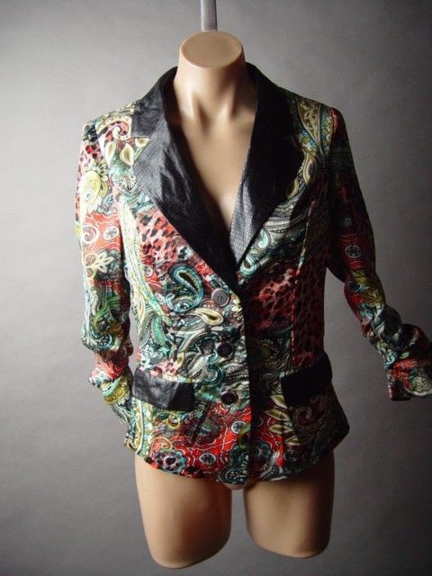 60s 70s Glam Paisley Leopard Pattern Satin Faux Leather Blazer mv 