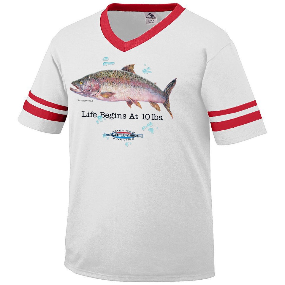 Life Begins at 10 lbs. Rainbow Trout American Angling Mens V Neck 