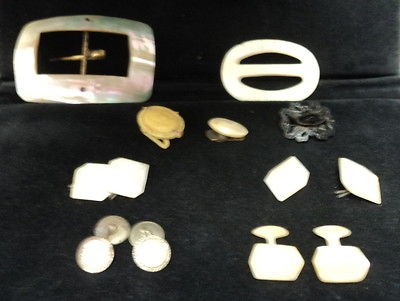 Vintage Polished Shell & Faux Ivory Buckles, Cufflinks, Cameo Slider 