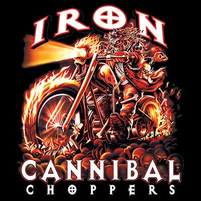 Biker Tshirt Iron Cannibal Choppers Motorcycle Helmet Rally Ride 