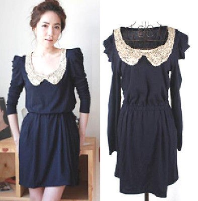 Nice Sequins Collar Pocket Puff Sleeve Dress Blue S DT8