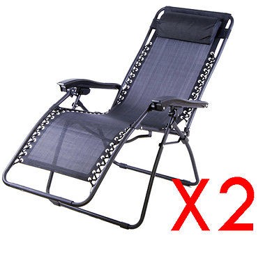 Black Set Of 2 Foldable Lounge Chair Garden Zero Gravity Recliner Home