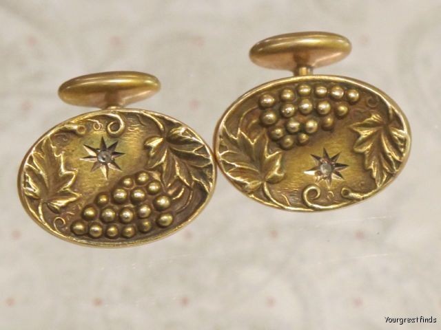   YELLOW GOLD & GENUINE MINE CUT DIAMOND GRAPE BUNCH & LEAF CUFF LINKS