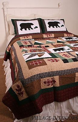   BEAR WINTER CABIN WOODS 100% COTTON OVERSIZE QUEEN QUILT + SHAMS SET