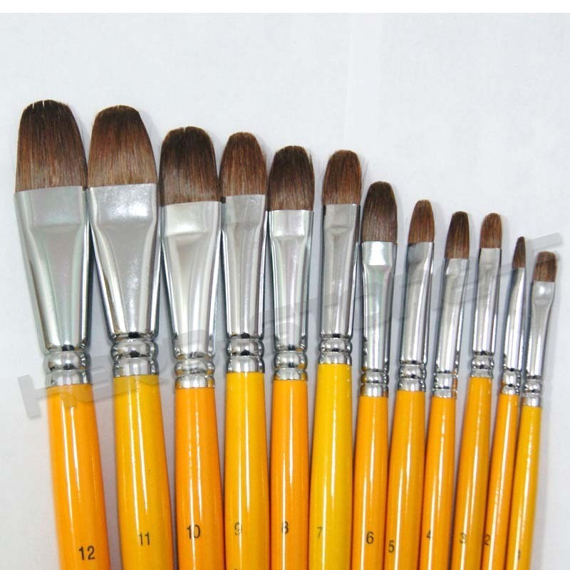 12 PCS Filbert Artist Paint Brushes For Oil Acrylic Long Handle Yellow