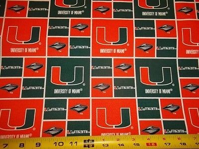 UNIVERSITY of MIAMI HURRICANES  LOGO SQUARES NEW   1/2 YD 100% 