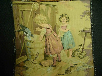   SMALL machine made TAPESTRY children girls cats kittens bird picture