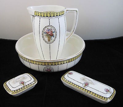   La Louviere Belgium Bathroom Set 1920s RARE Pitcher/Bowl/D​ishes