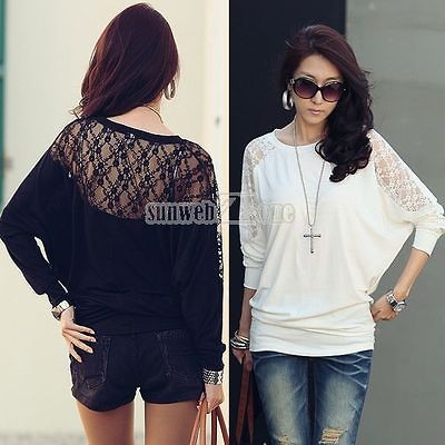 S0BZ Fashion Womens Batwing Top Dolman Lace Loose T Shirt Blouse 