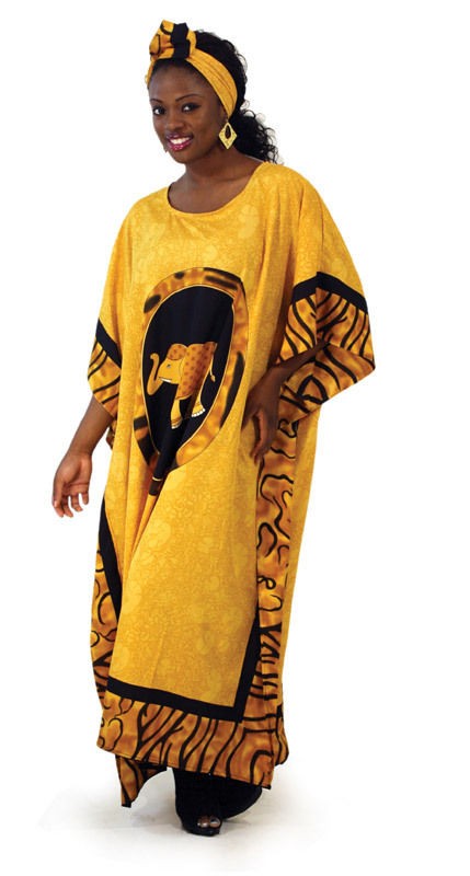   KAFTAN DRESS REKNOWNED MAJESTIC ELEPHANT PRINT MATCHING HEAD WRAP