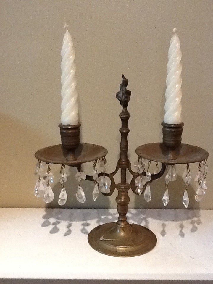 Antique 2 Arm Bronze Candelabra/Candlestick with Crystals/Prisms