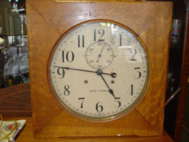 LARGE DIAL SETH THOMAS 30 DAY SQUARE RAILROAD CLOCK OAK CASE